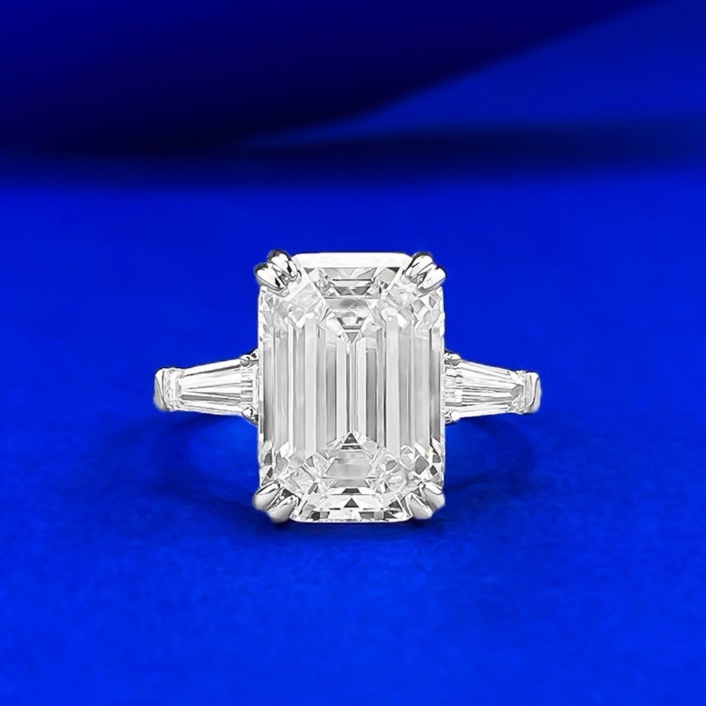 6CT Emerald Cut High Carbon Diamond Ring S925 Silver Three-Stone Engagement Ring - Picture 4 of 5